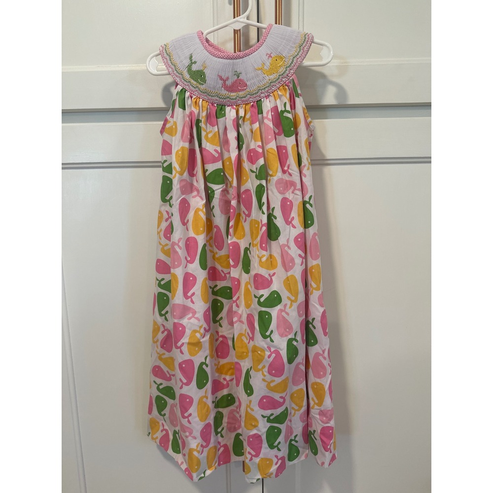 Claire & Charlie Girls Smocked Whale Dress Pink Green spirng Size 5 hand smocked